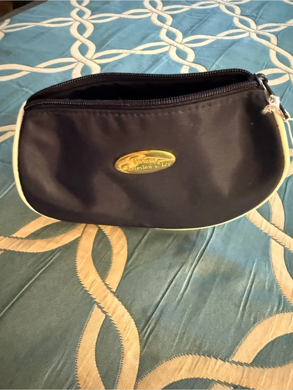 Vintage  Parfums Christian Dior Cosmetic Makeup Pouch Bag Travel Navy Half Moon